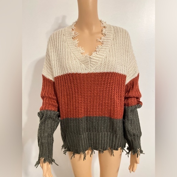 Hyfve Women's Striped Colorblock Knit Pullover Long Sleeve V-neck Loose Sweater - Picture 5 of 14